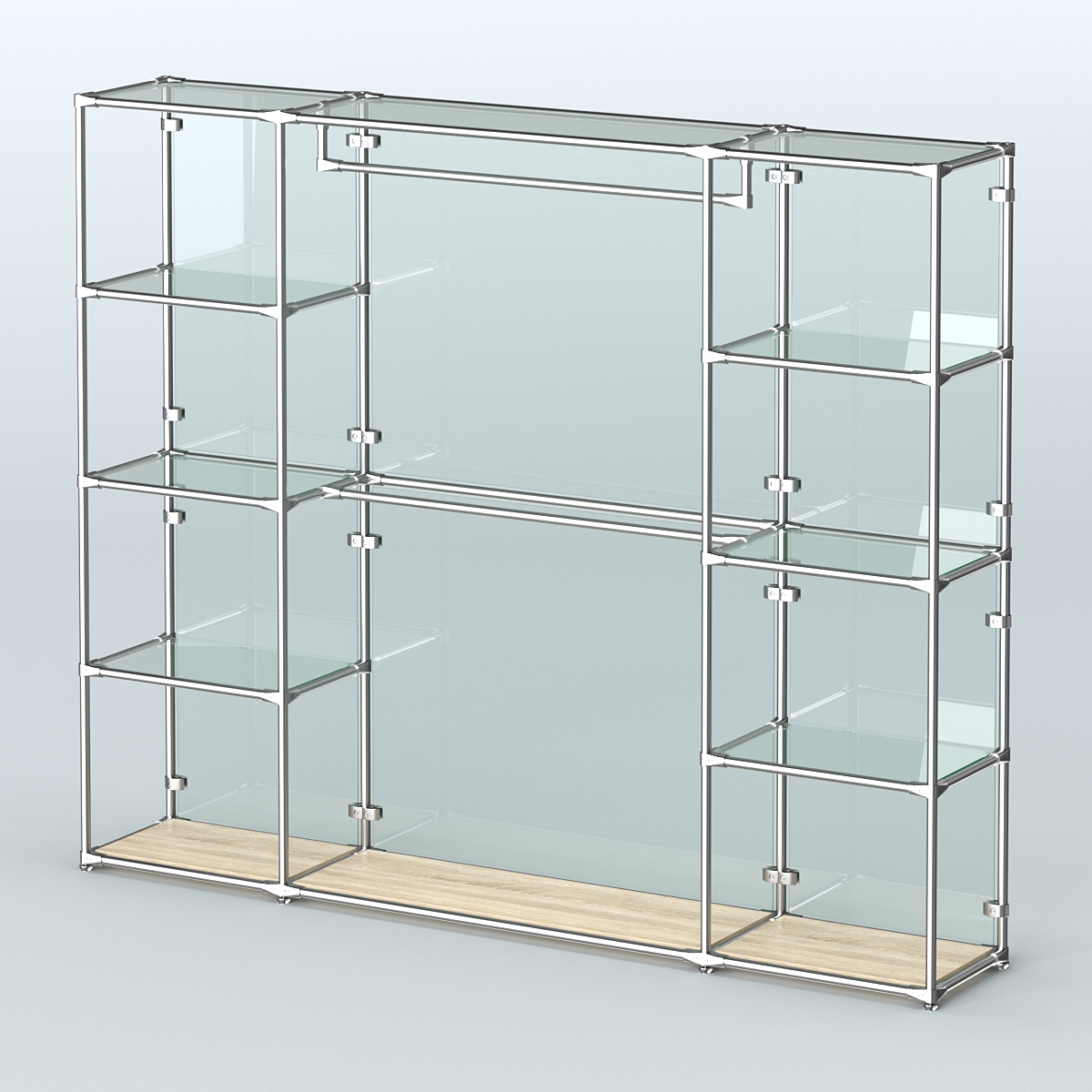 Торговая система ХРОМ (задняя стенка - стекло) 2430 мм с прозрачными полками и поручнями №3 Дуб Сонома