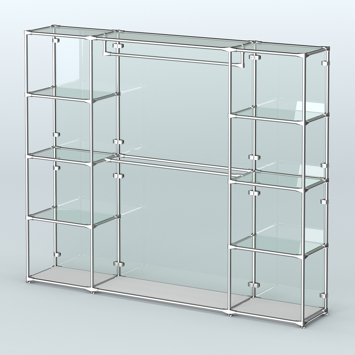 Торговая система ХРОМ (задняя стенка - стекло) 2430 мм с прозрачными полками и поручнями №3 Серый