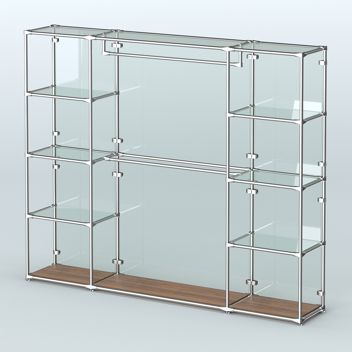 Торговая система ХРОМ (задняя стенка - стекло) 2430 мм с прозрачными полками и поручнями №3 Орех
