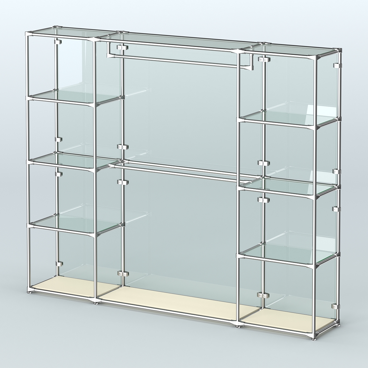 Торговая система ХРОМ (задняя стенка - стекло) 2430 мм с прозрачными полками и поручнями №3 Крем Вайс