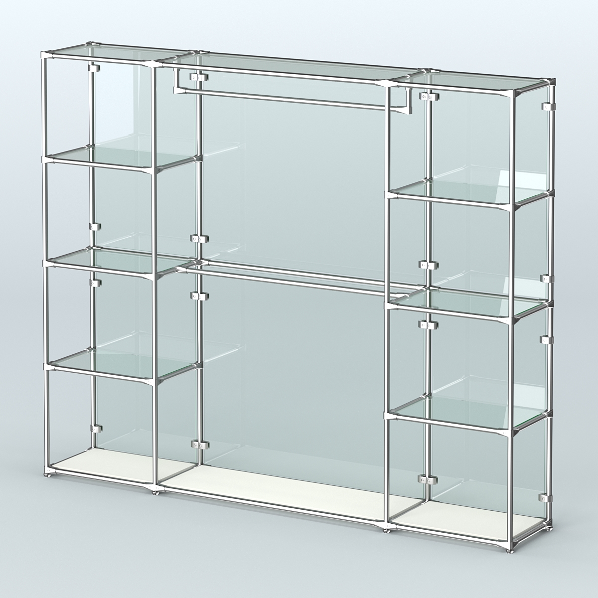 Торговая система ХРОМ (задняя стенка - стекло) 2430 мм с прозрачными полками и поручнями №3 Белый