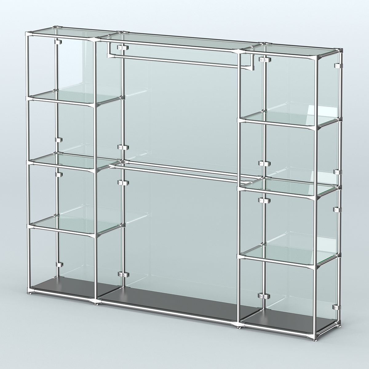 Торговая система ХРОМ (задняя стенка - стекло) 2430 мм с прозрачными полками и поручнями №3 Черный