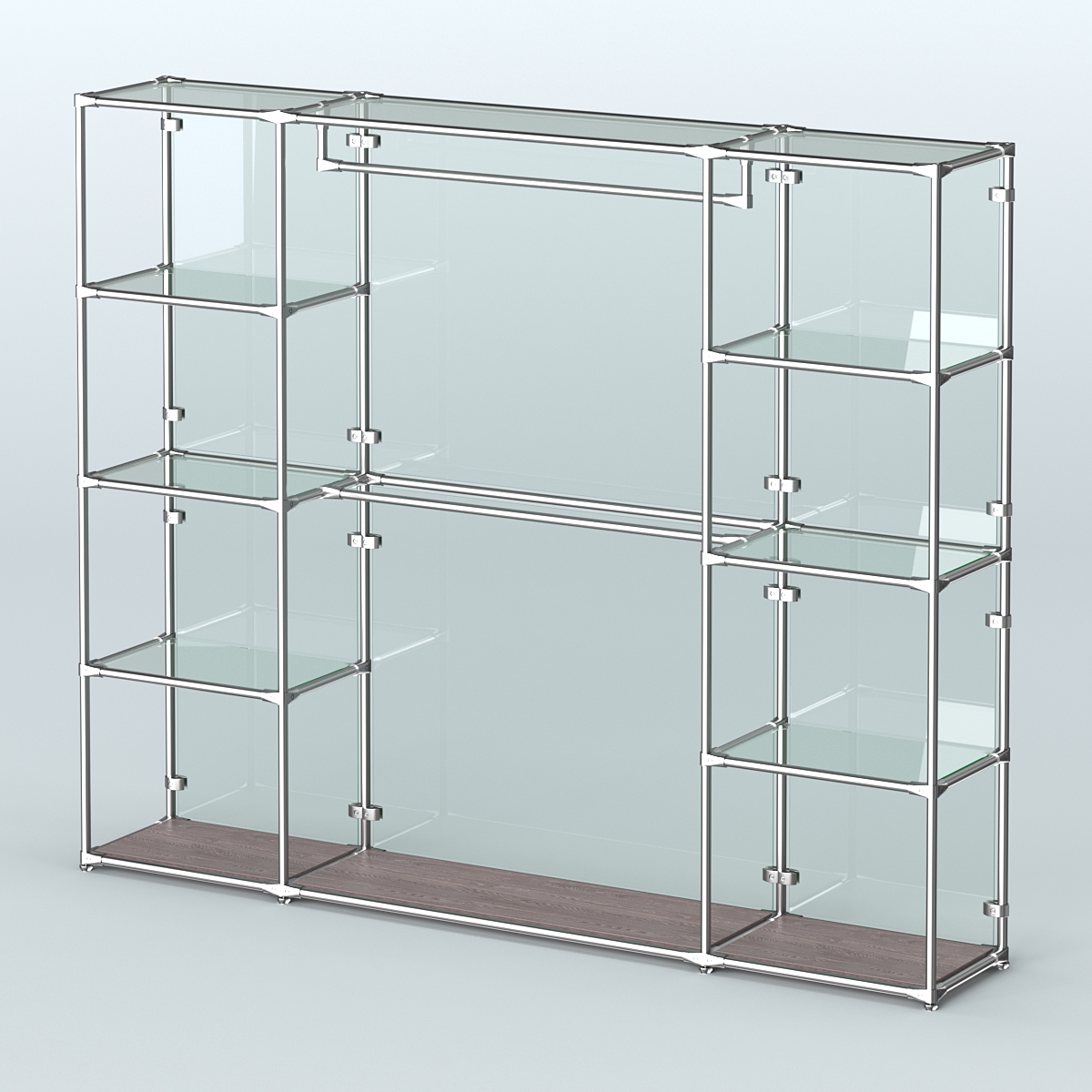 Торговая система ХРОМ (задняя стенка - стекло) 2430 мм с прозрачными полками и поручнями №3 Ясень Анкор темный