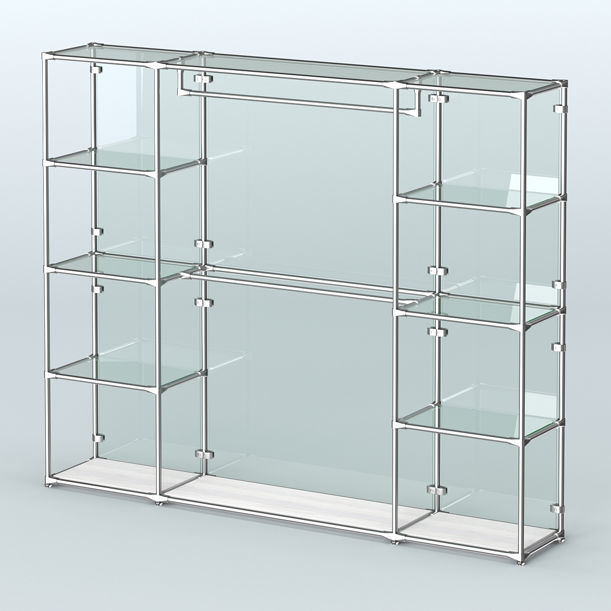 Торговая система ХРОМ (задняя стенка - стекло) 2430 мм с прозрачными полками и поручнями №3 Ясень Анкор светлый