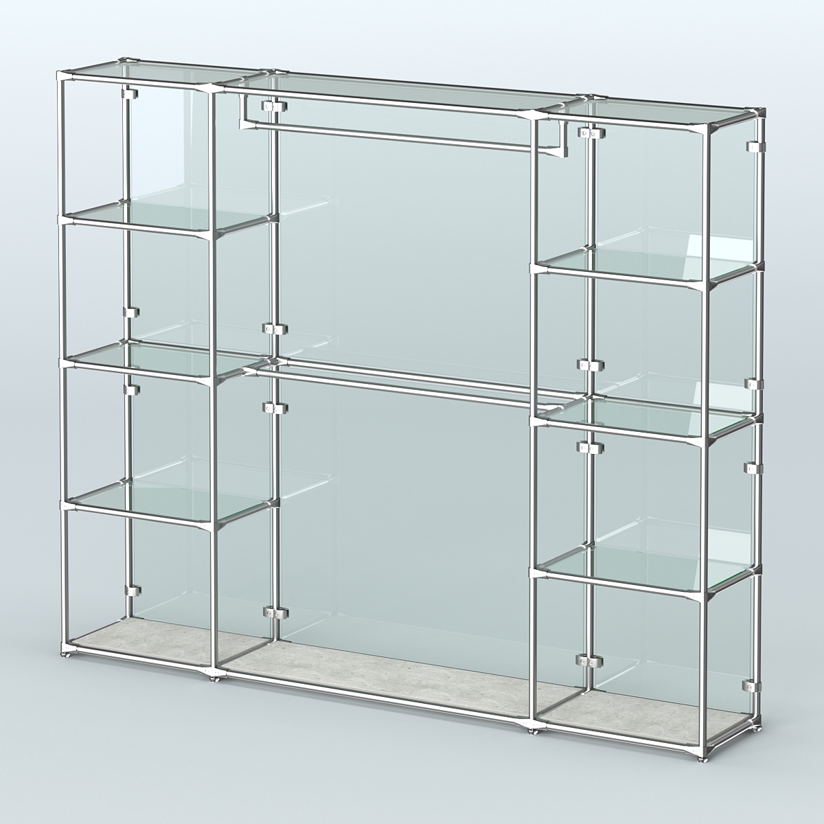 Торговая система ХРОМ (задняя стенка - стекло) 2430 мм с прозрачными полками и поручнями №3 Метрополитан Грей