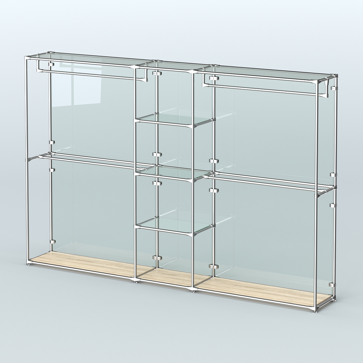 Торговая система ХРОМ (задняя стенка - стекло) 3030 мм с прозрачными полками и поручнями №4 Дуб Сонома
