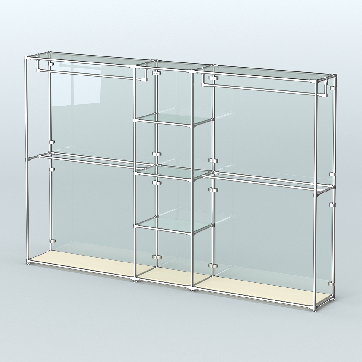 Торговая система ХРОМ (задняя стенка - стекло) 3030 мм с прозрачными полками и поручнями №4 Крем Вайс
