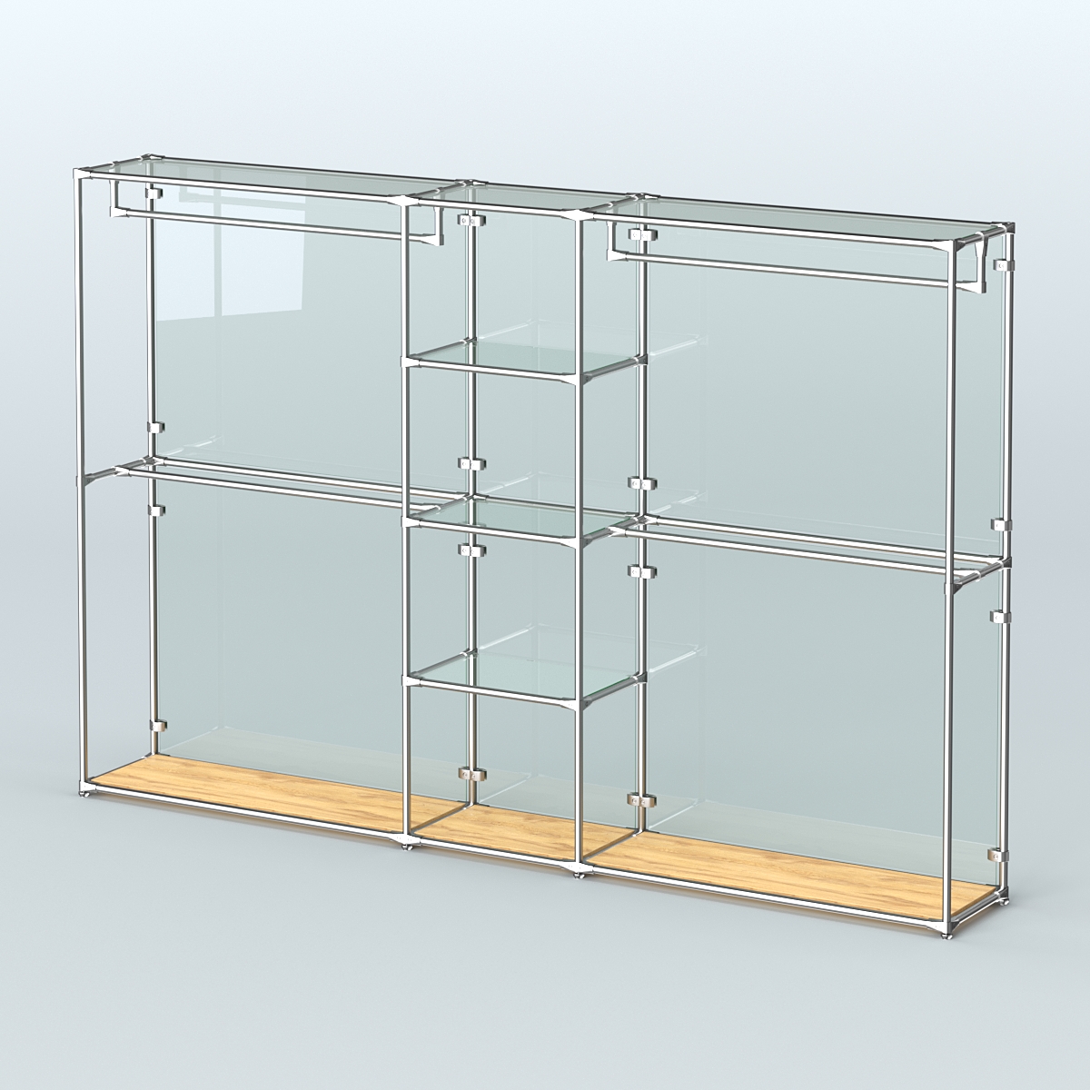 Торговая система ХРОМ (задняя стенка - стекло) 3030 мм с прозрачными полками и поручнями №4 Дуб Золотистый