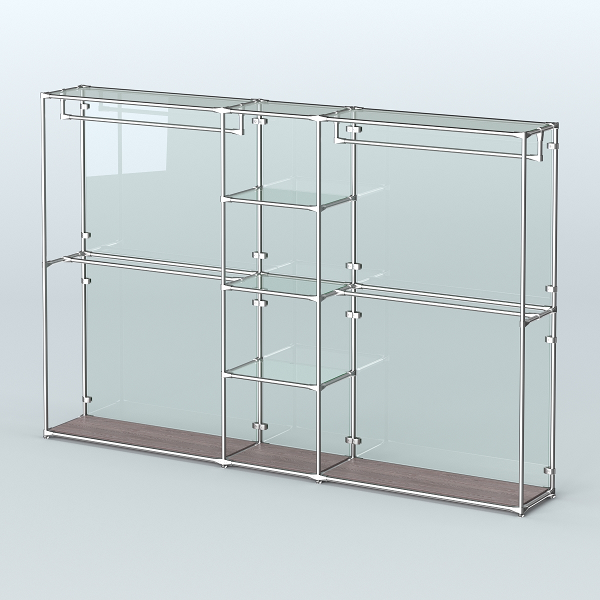 Торговая система ХРОМ (задняя стенка - стекло) 3030 мм с прозрачными полками и поручнями №4 Ясень Анкор темный