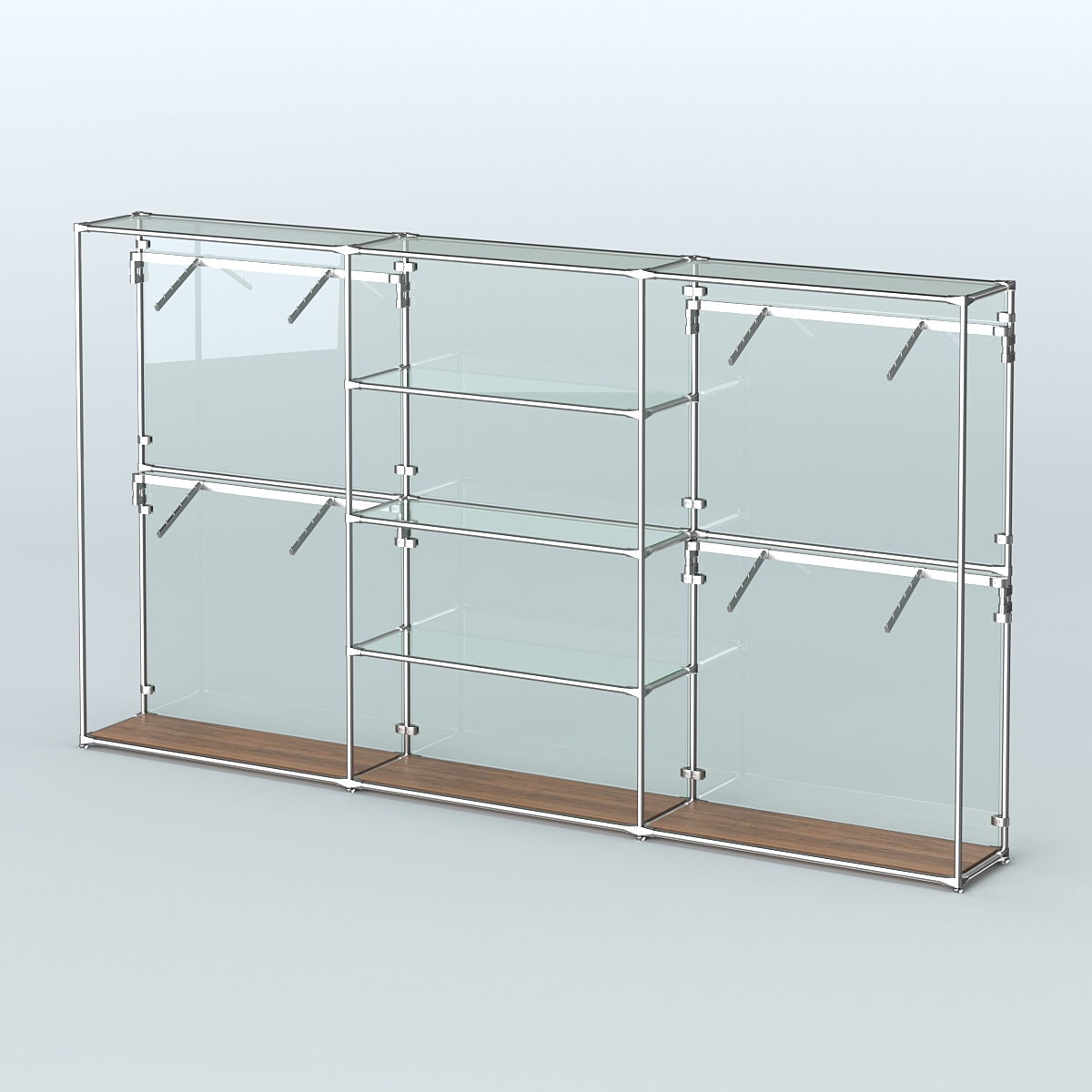 Торговая система ХРОМ (задняя стенка - стекло) 3600 мм с прозрачными полками и поручнями №5 Орех