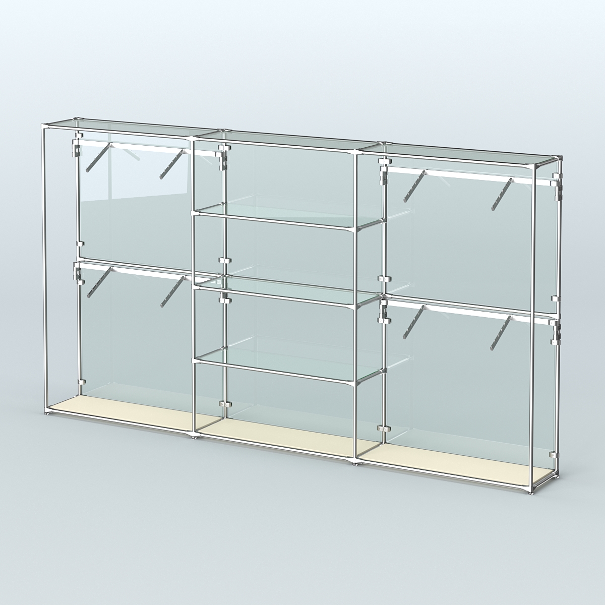 Торговая система ХРОМ (задняя стенка - стекло) 3600 мм с прозрачными полками и поручнями №5 Крем Вайс
