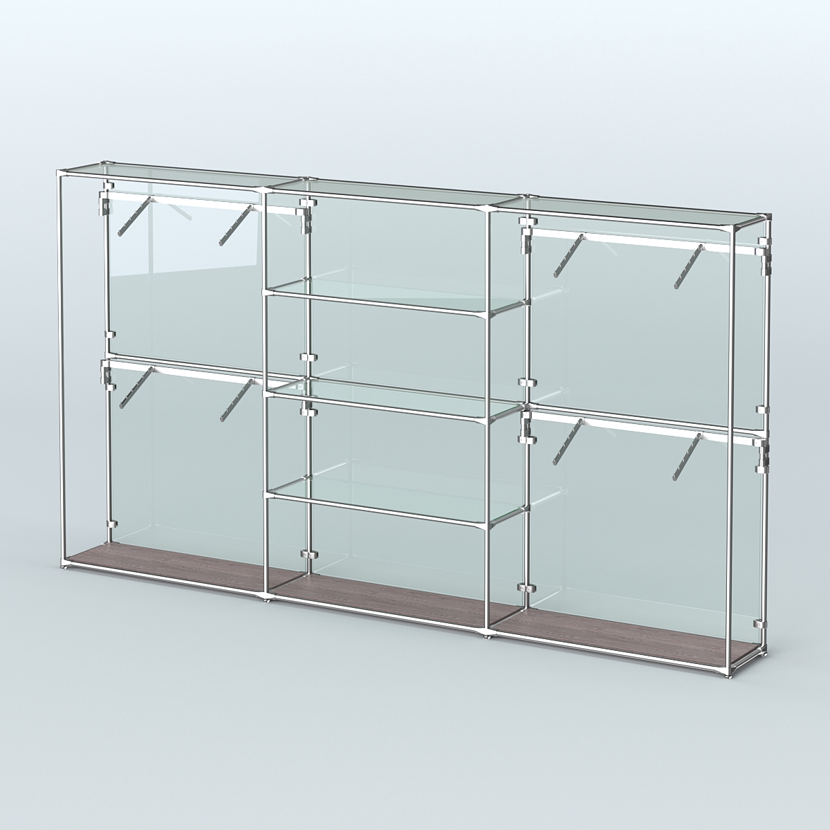 Торговая система ХРОМ (задняя стенка - стекло) 3600 мм с прозрачными полками и поручнями №5 Ясень Анкор темный