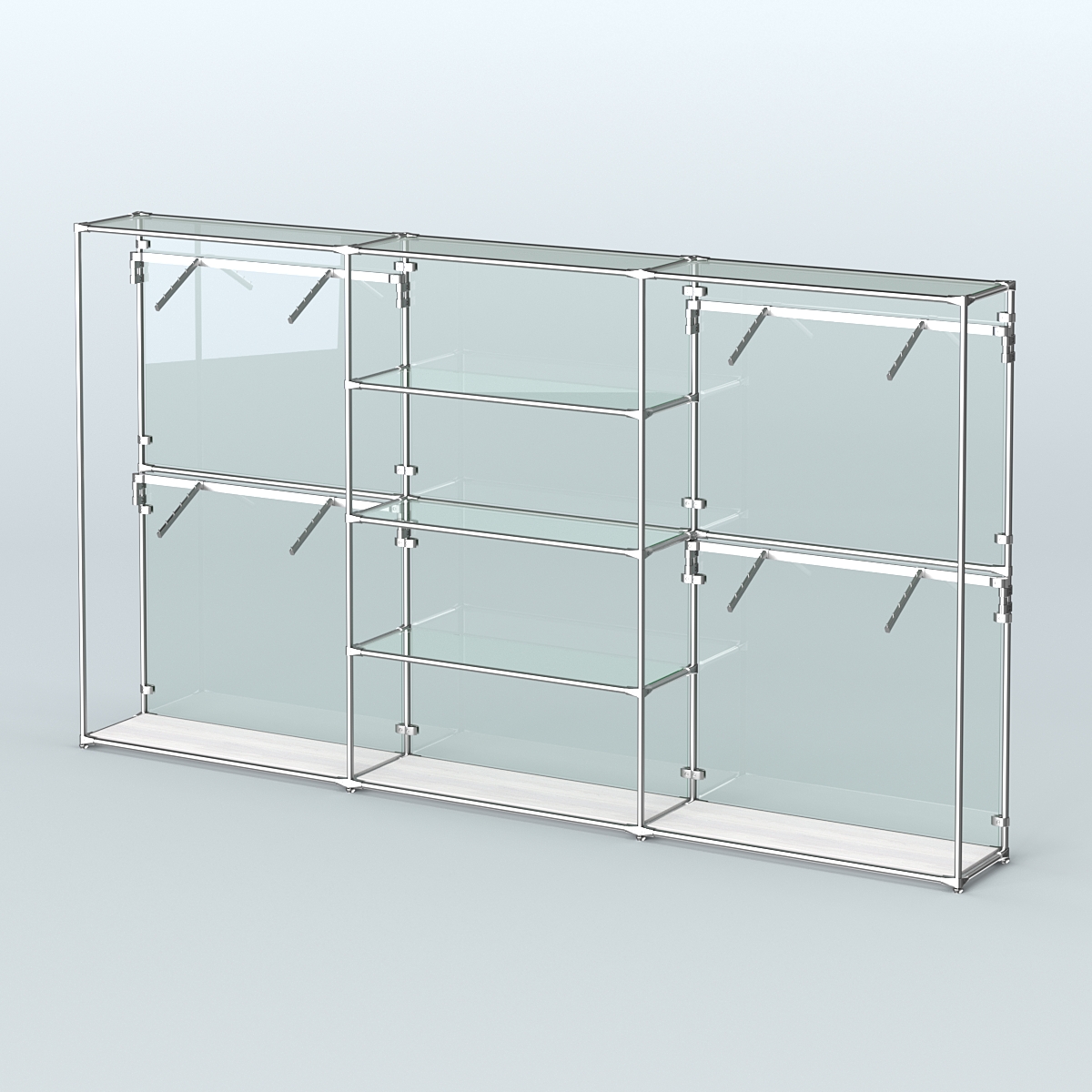 Торговая система ХРОМ (задняя стенка - стекло) 3600 мм с прозрачными полками и поручнями №5 Ясень Анкор светлый