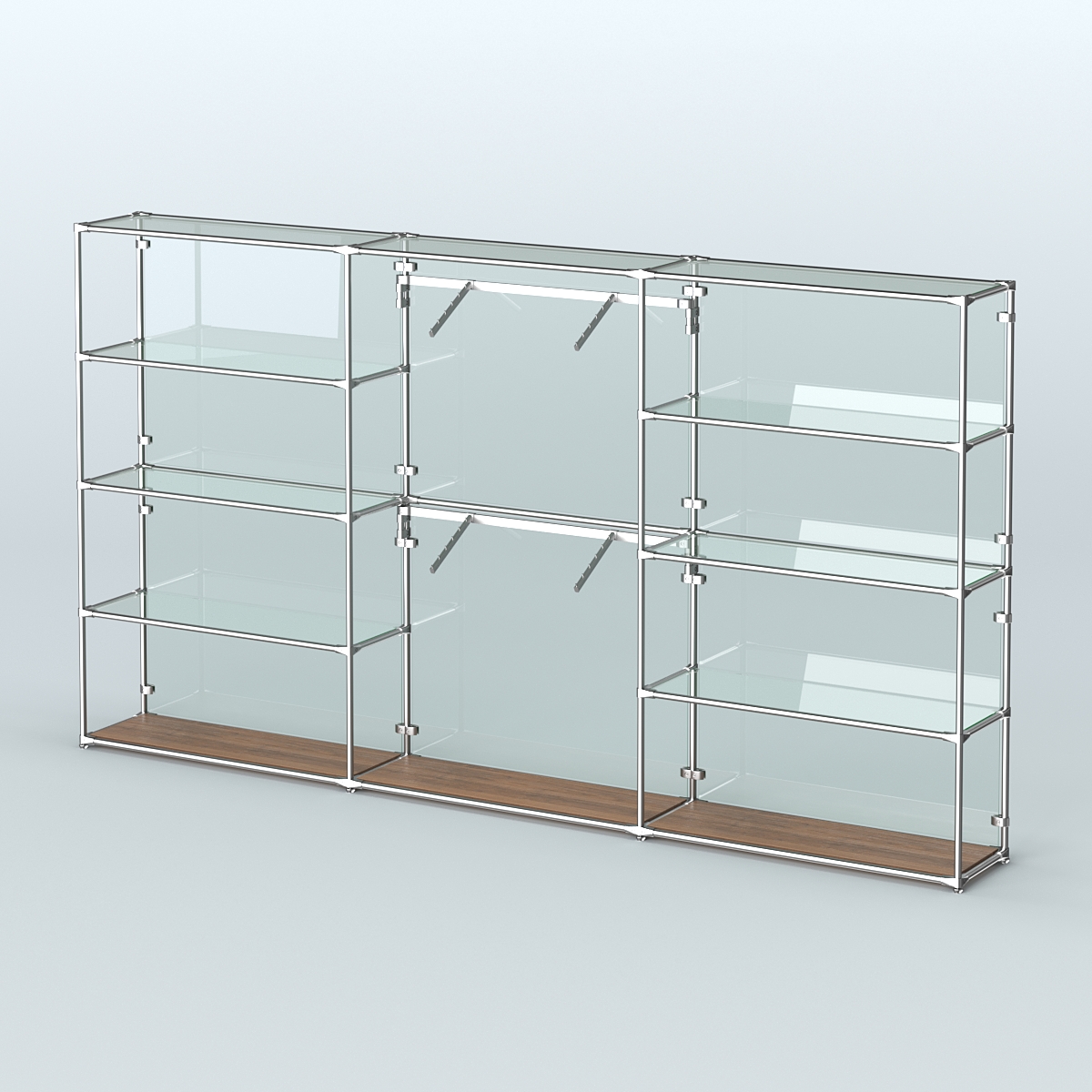 Торговая система ХРОМ (задняя стенка - стекло) 3600 мм с прозрачными полками и поручнями №6 Орех