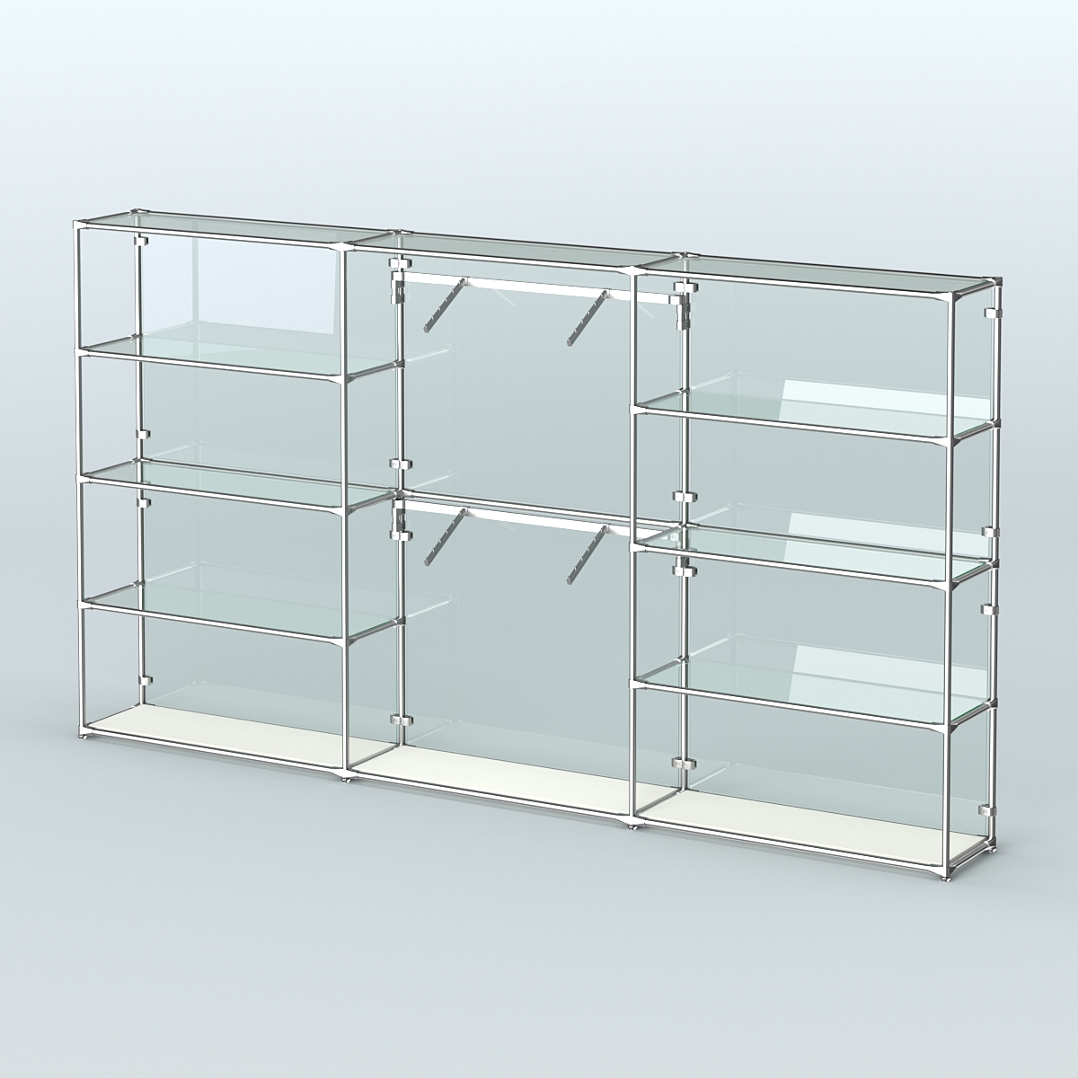 Торговая система ХРОМ (задняя стенка - стекло) 3600 мм с прозрачными полками и поручнями №6 Белый