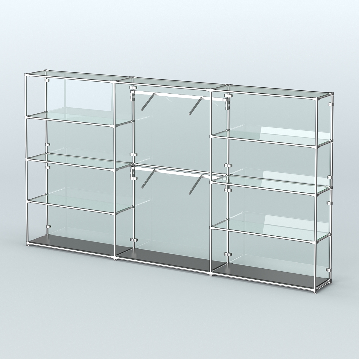 Торговая система ХРОМ (задняя стенка - стекло) 3600 мм с прозрачными полками и поручнями №6 Черный