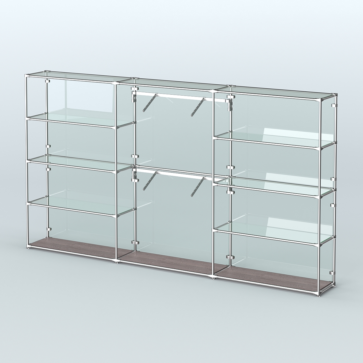 Торговая система ХРОМ (задняя стенка - стекло) 3600 мм с прозрачными полками и поручнями №6 Ясень Анкор темный