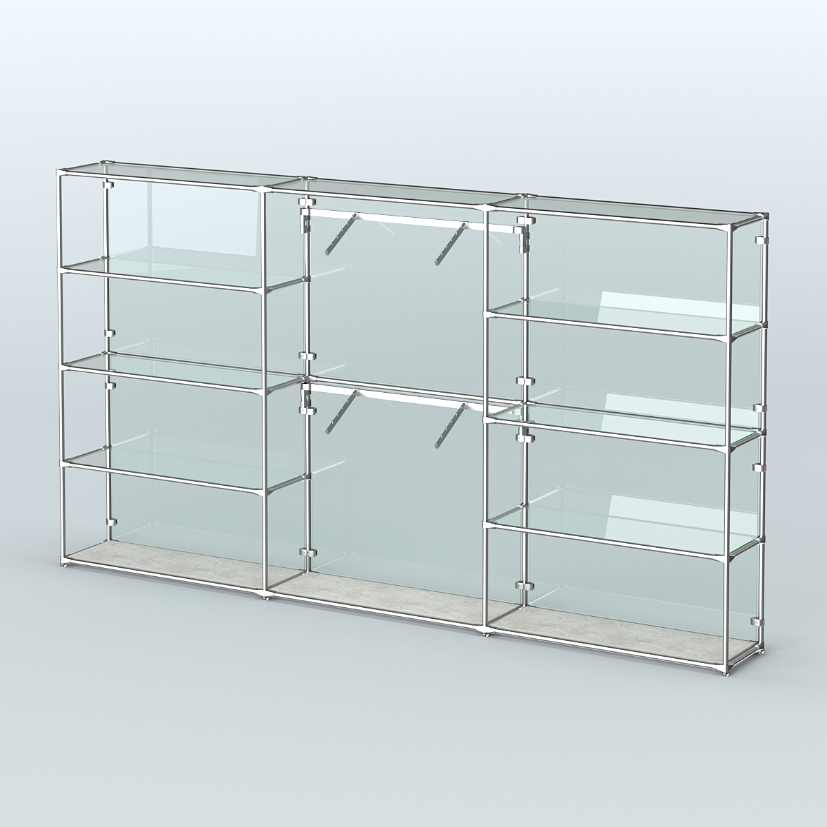 Торговая система ХРОМ (задняя стенка - стекло) 3600 мм с прозрачными полками и поручнями №6 Метрополитан Грей