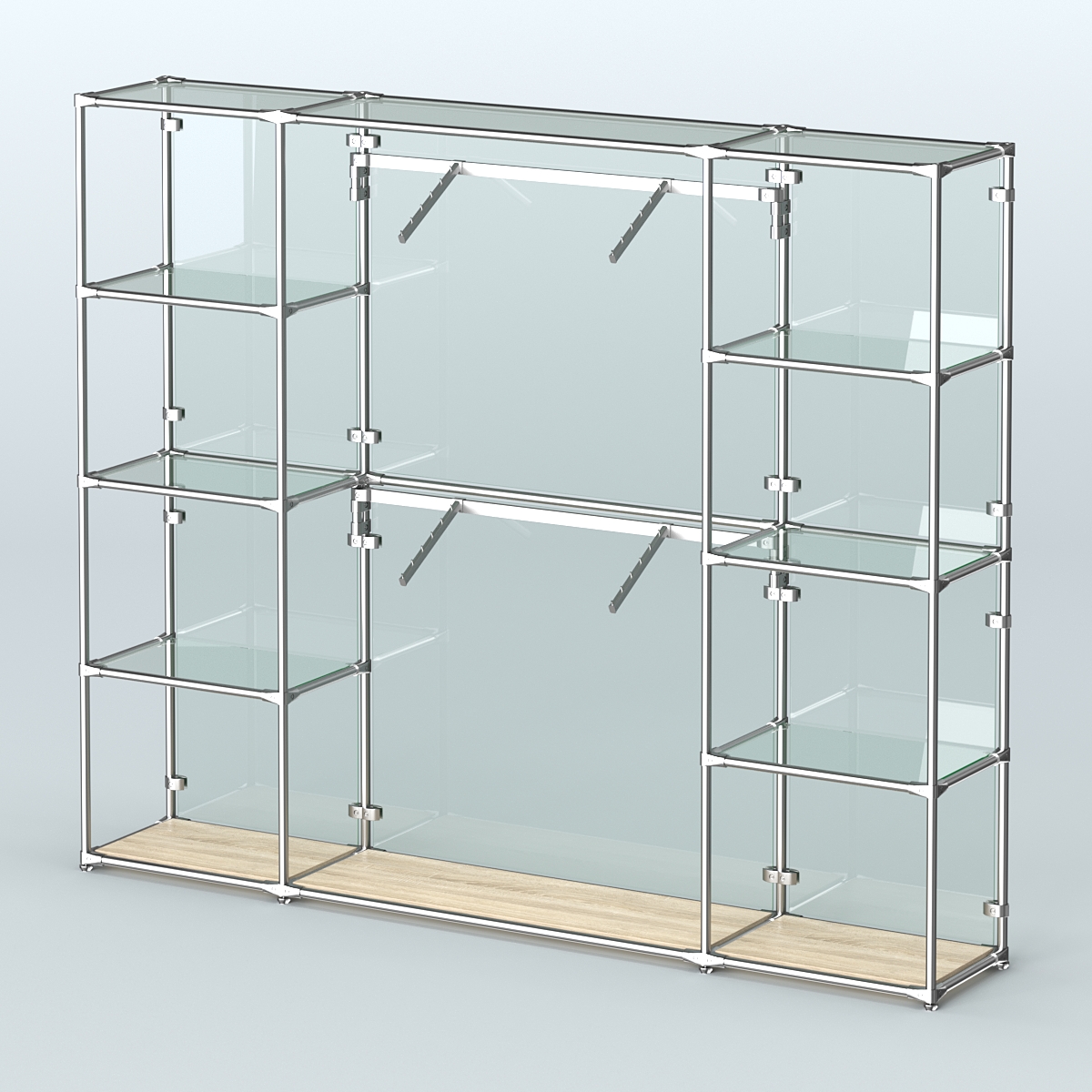 Торговая система ХРОМ (задняя стенка - стекло) 2430 мм с прозрачными полками и поручнями №7 Дуб Сонома