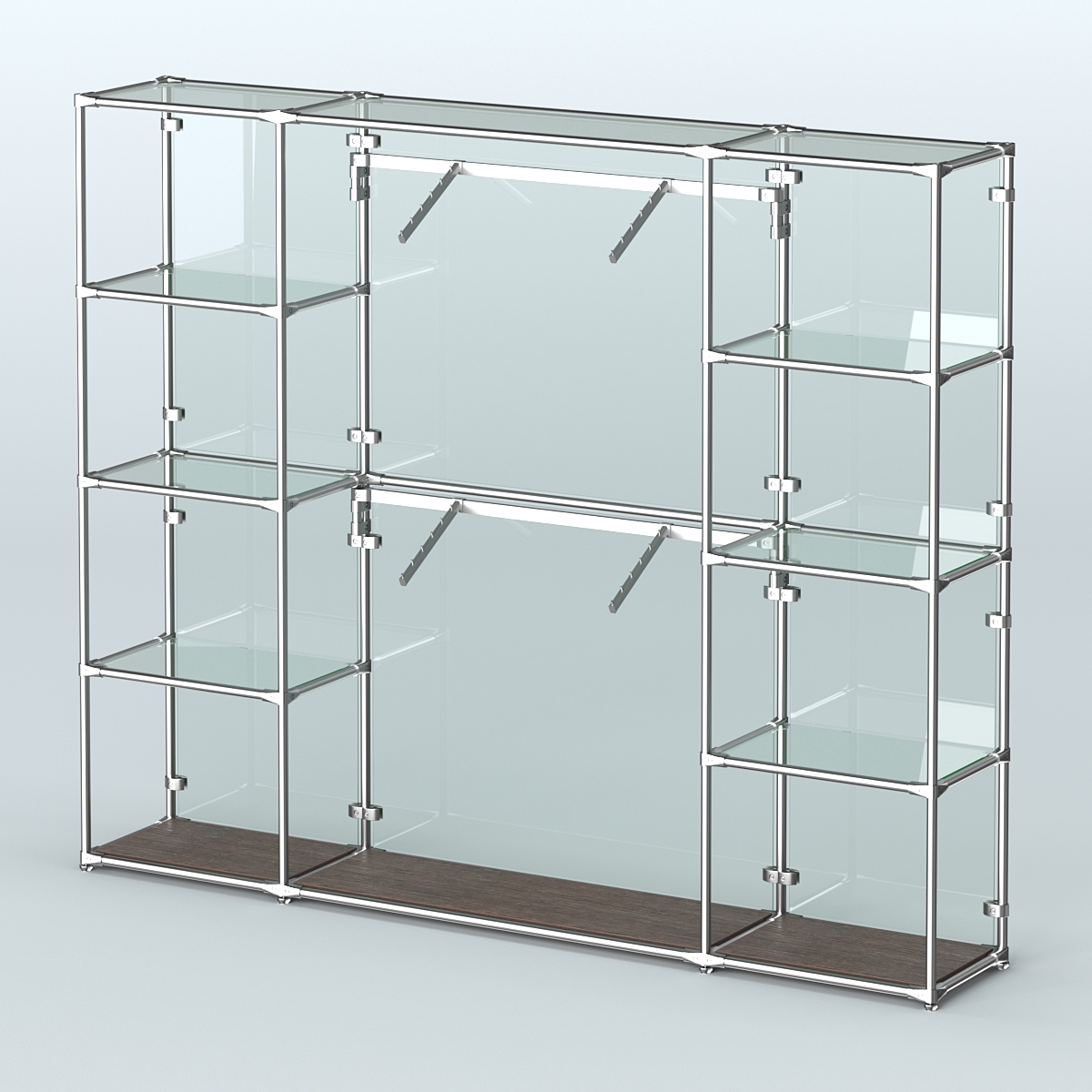 Торговая система ХРОМ (задняя стенка - стекло) 2430 мм с прозрачными полками и поручнями №7 Дуб Венге