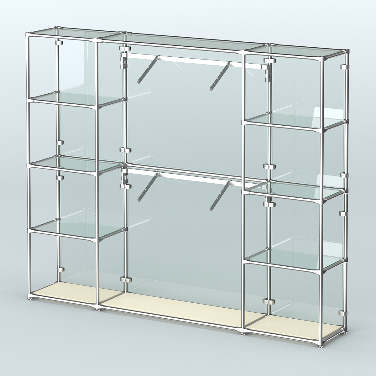 Торговая система ХРОМ (задняя стенка - стекло) 2430 мм с прозрачными полками и поручнями №7 Крем Вайс