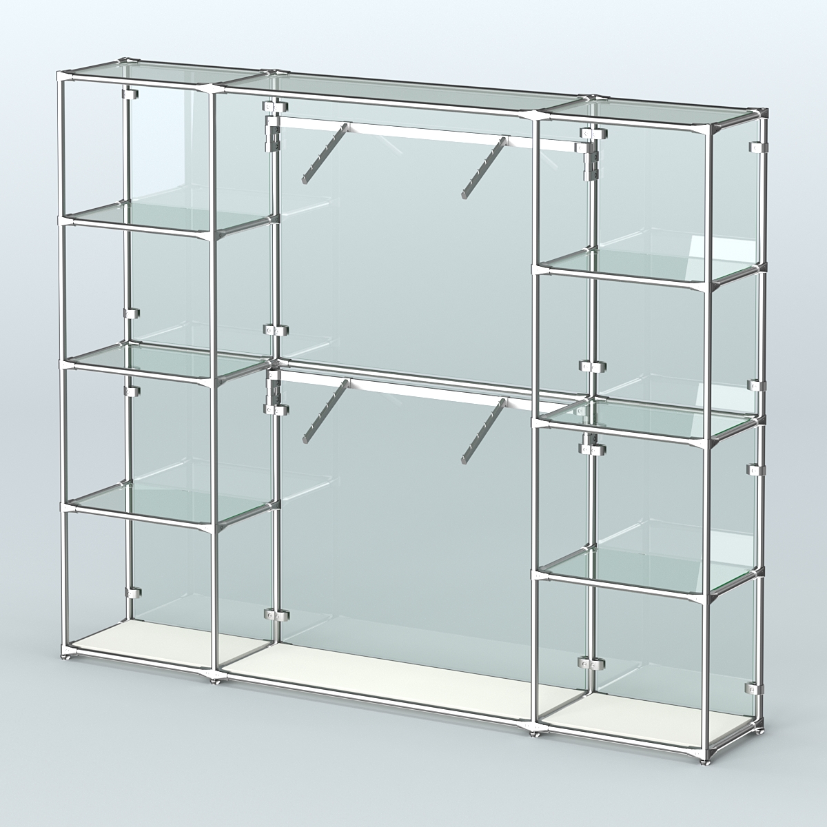 Торговая система ХРОМ (задняя стенка - стекло) 2430 мм с прозрачными полками и поручнями №7 Белый