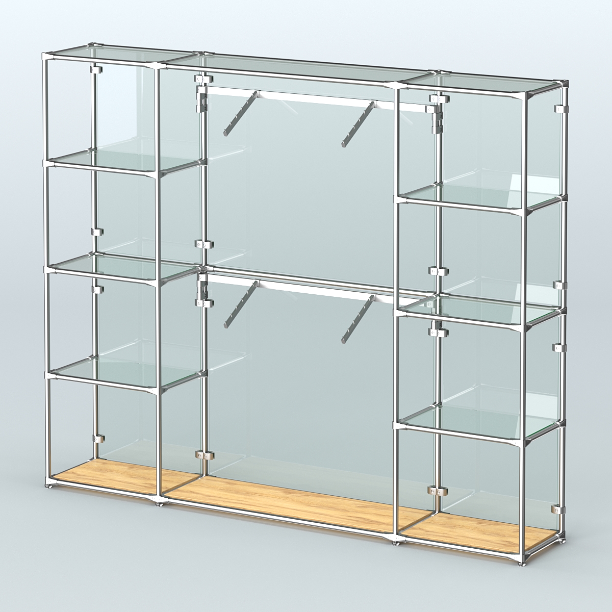 Торговая система ХРОМ (задняя стенка - стекло) 2430 мм с прозрачными полками и поручнями №7 Дуб Золотистый