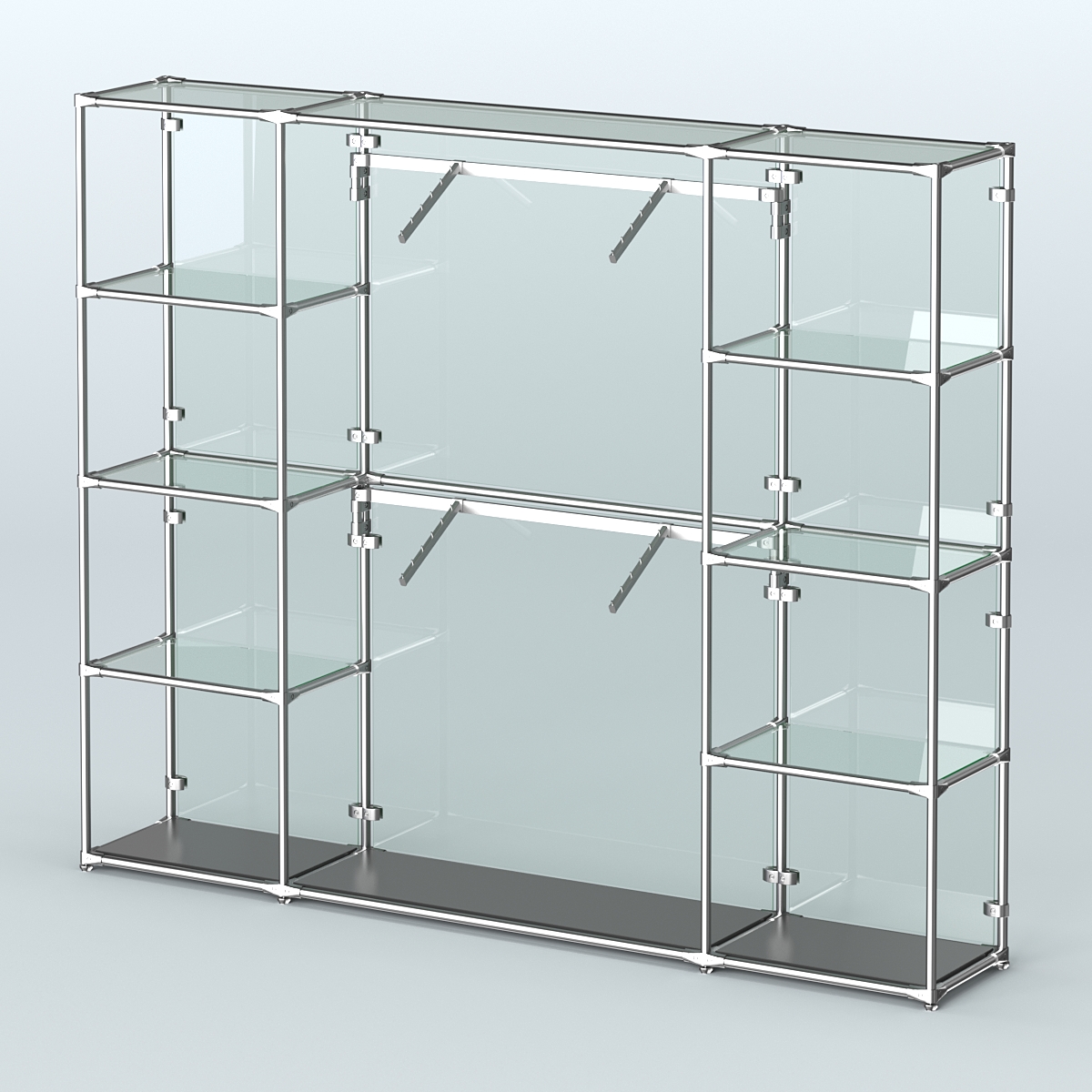 Торговая система ХРОМ (задняя стенка - стекло) 2430 мм с прозрачными полками и поручнями №7 Черный