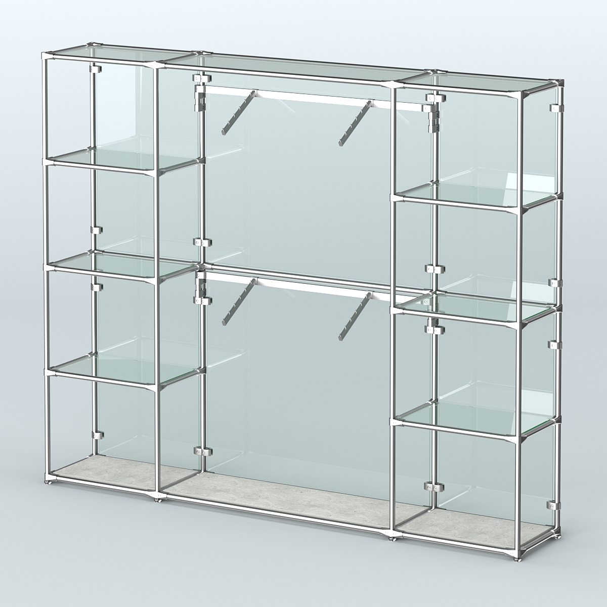 Торговая система ХРОМ (задняя стенка - стекло) 2430 мм с прозрачными полками и поручнями №7 Метрополитан Грей