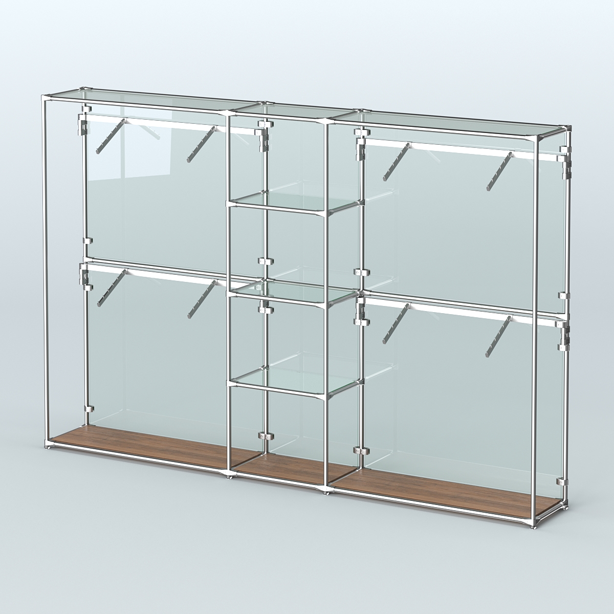 Торговая система ХРОМ (задняя стенка - стекло) 3030 мм с прозрачными полками и поручнями №8 Орех