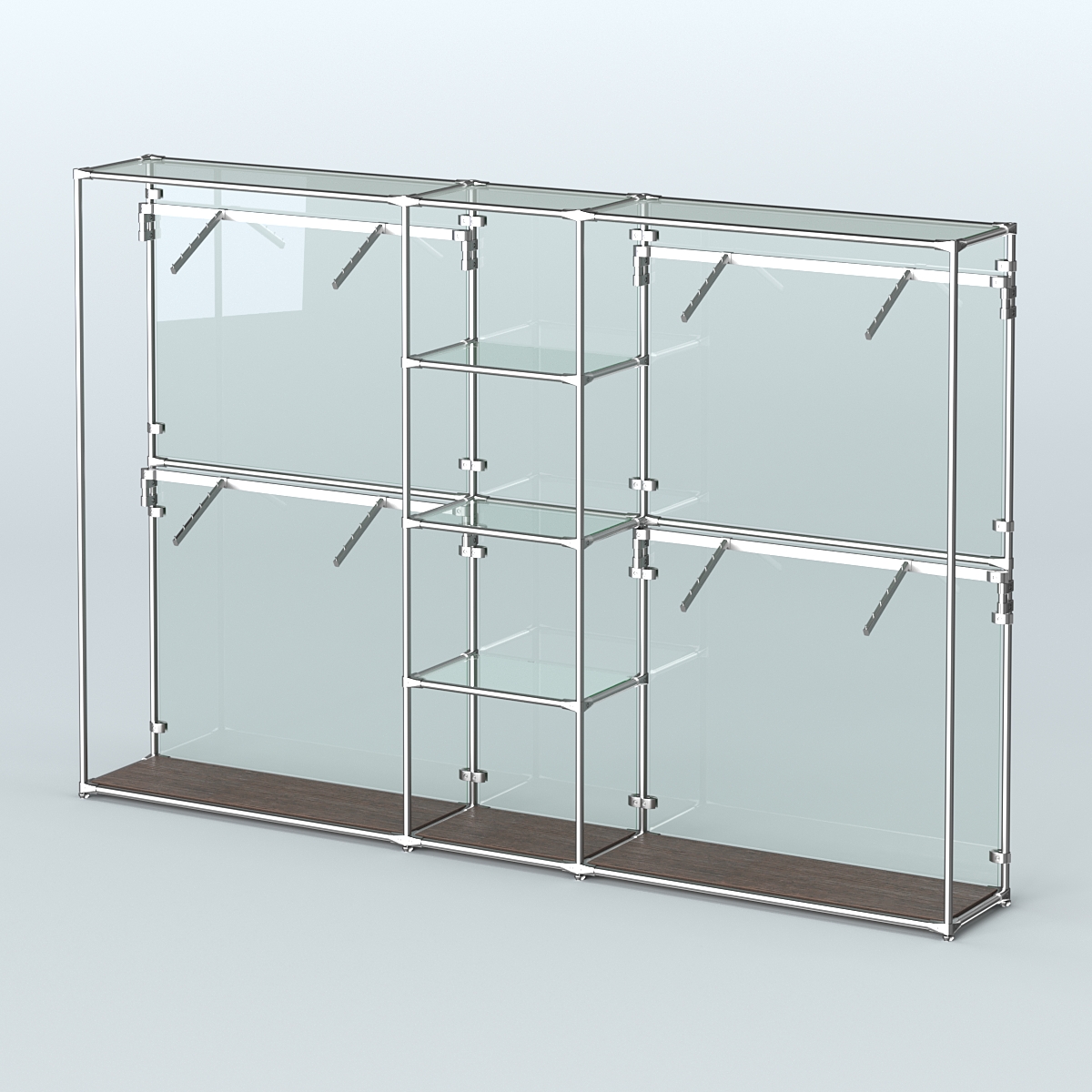 Торговая система ХРОМ (задняя стенка - стекло) 3030 мм с прозрачными полками и поручнями №8 Дуб Венге