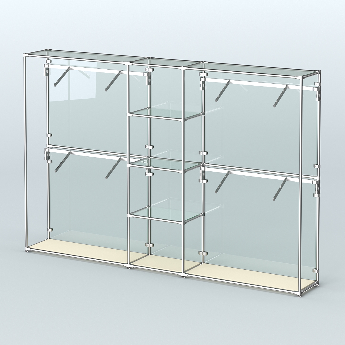 Торговая система ХРОМ (задняя стенка - стекло) 3030 мм с прозрачными полками и поручнями №8 Крем Вайс
