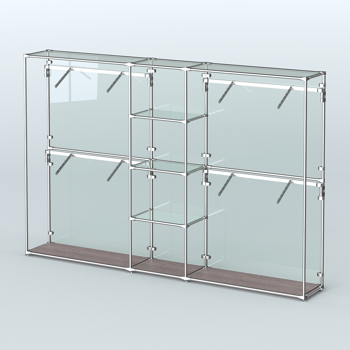 Торговая система ХРОМ (задняя стенка - стекло) 3030 мм с прозрачными полками и поручнями №8 Ясень Анкор темный
