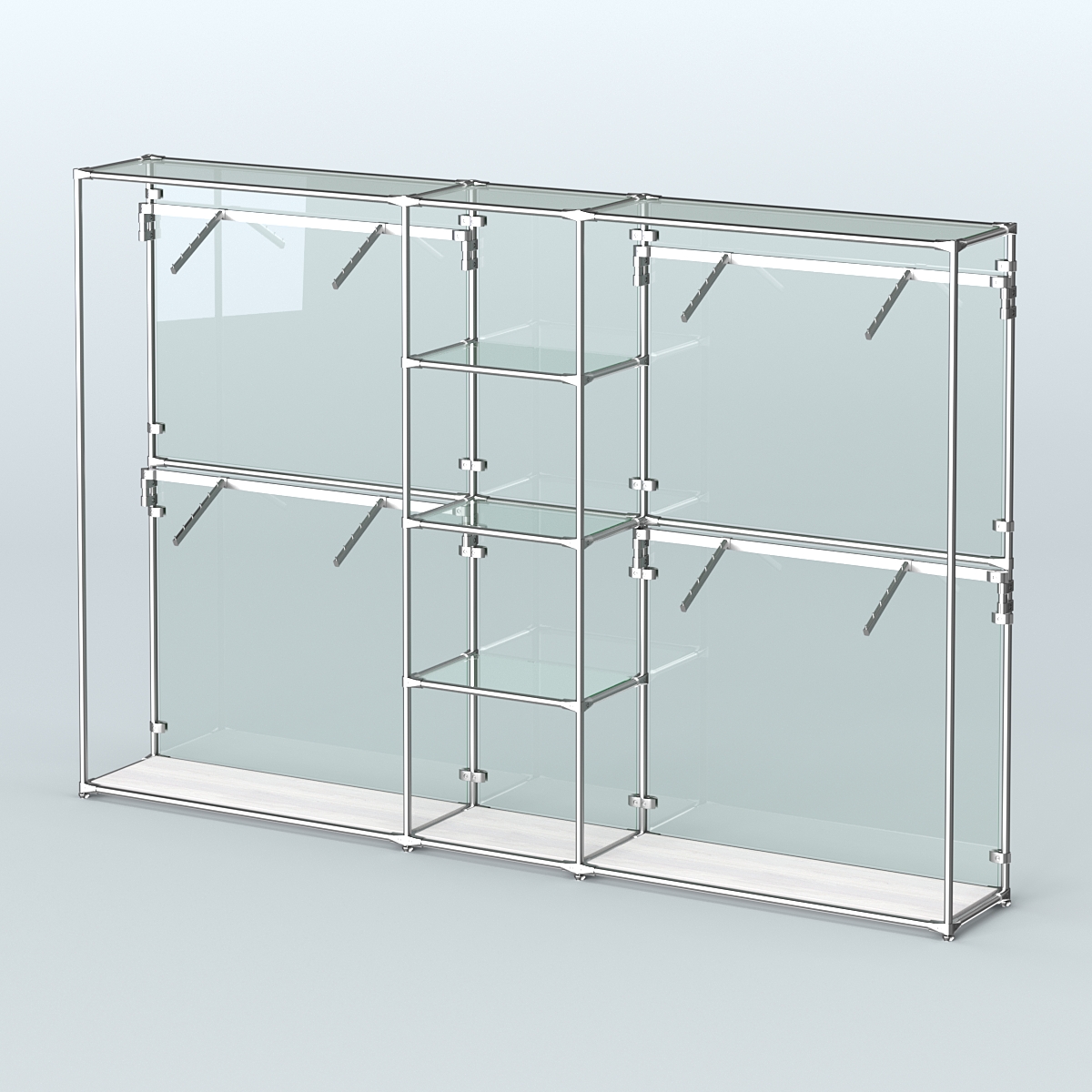 Торговая система ХРОМ (задняя стенка - стекло) 3030 мм с прозрачными полками и поручнями №8 Ясень Анкор светлый