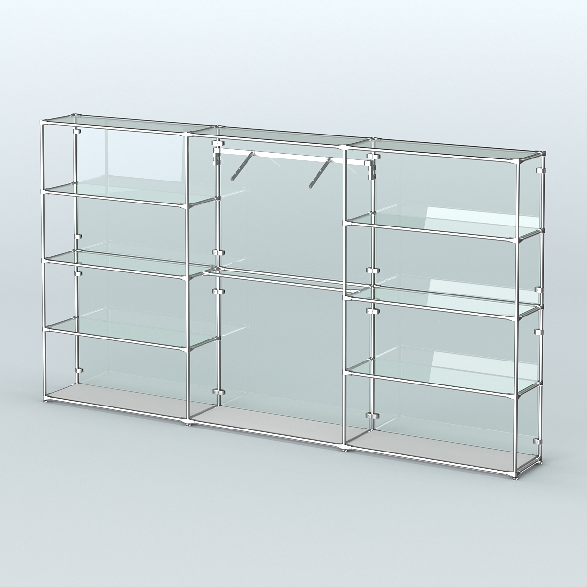 Торговая система ХРОМ (задняя стенка - стекло) 3600 мм с прозрачными полками и поручнями №9 Серый