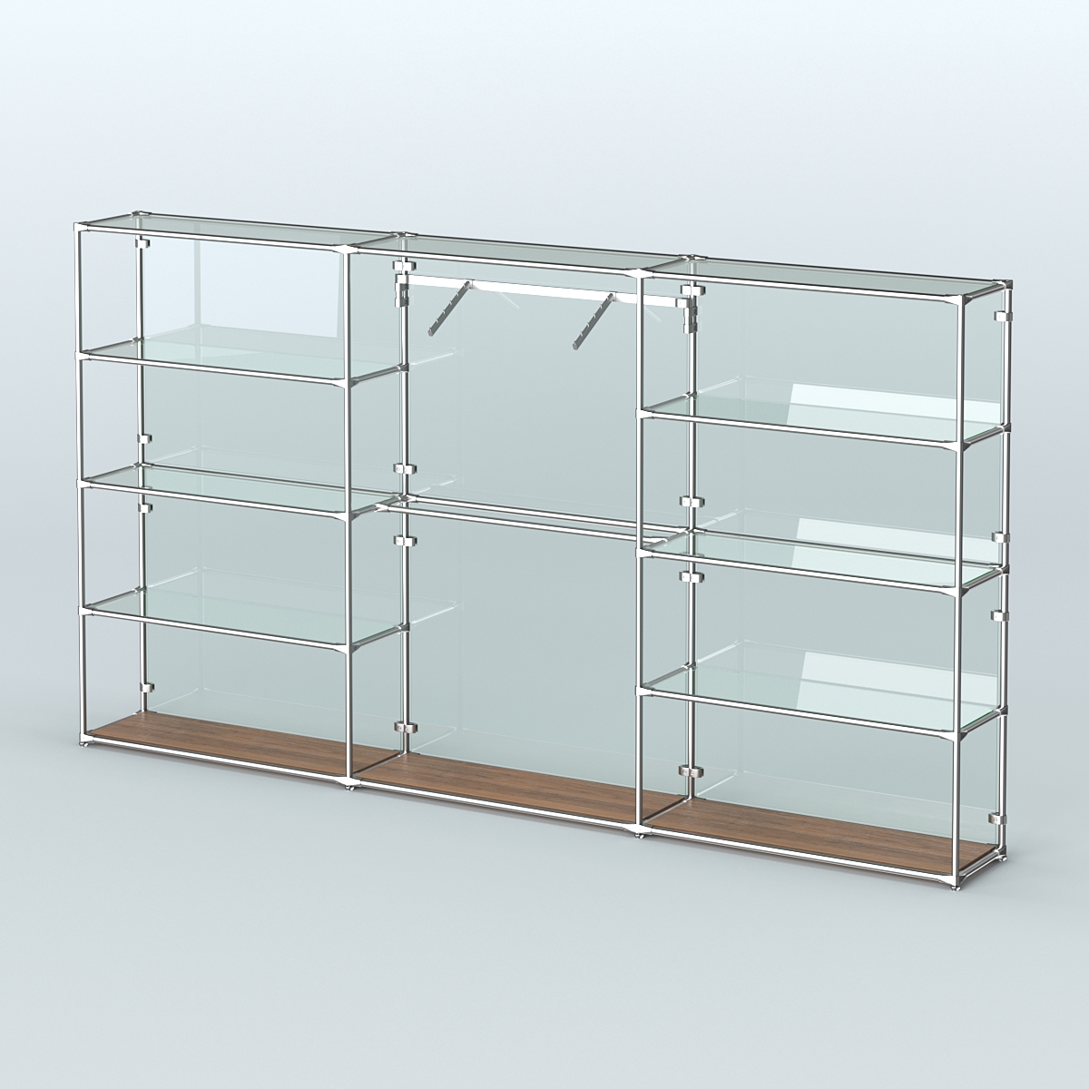 Торговая система ХРОМ (задняя стенка - стекло) 3600 мм с прозрачными полками и поручнями №9 Орех