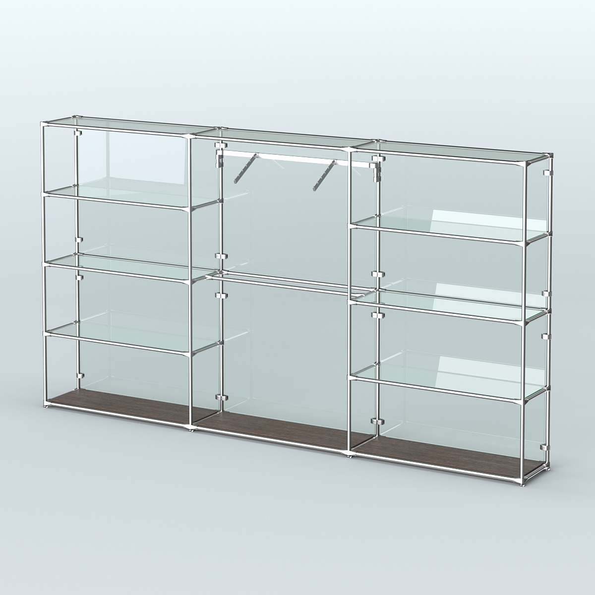 Торговая система ХРОМ (задняя стенка - стекло) 3600 мм с прозрачными полками и поручнями №9 Дуб Венге
