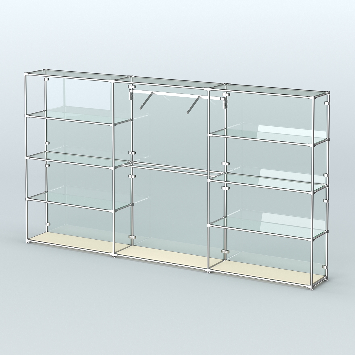 Торговая система ХРОМ (задняя стенка - стекло) 3600 мм с прозрачными полками и поручнями №9 Крем Вайс