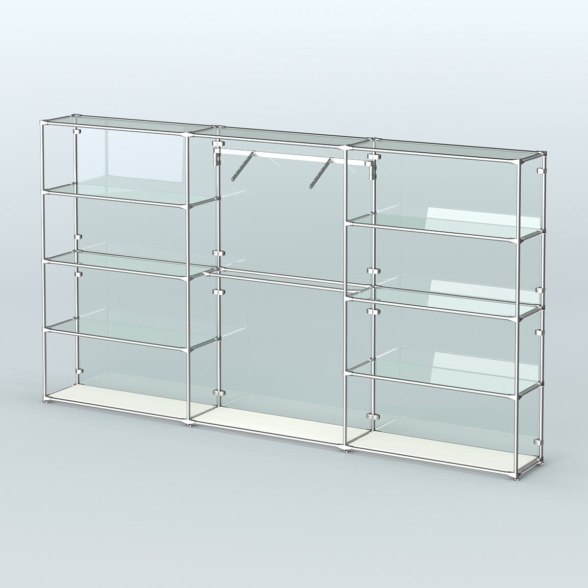Торговая система ХРОМ (задняя стенка - стекло) 3600 мм с прозрачными полками и поручнями №9 Белый