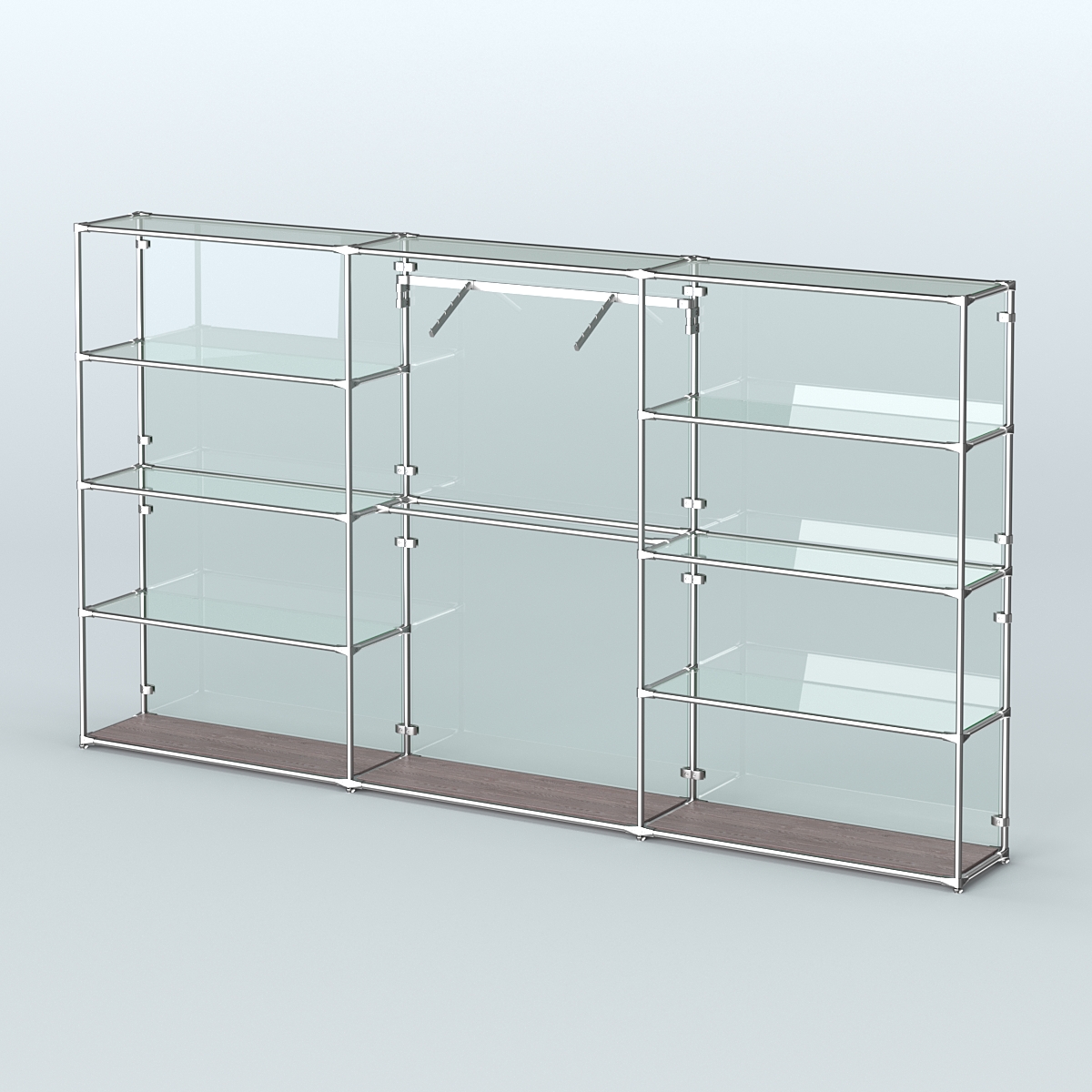 Торговая система ХРОМ (задняя стенка - стекло) 3600 мм с прозрачными полками и поручнями №9 Ясень Анкор темный