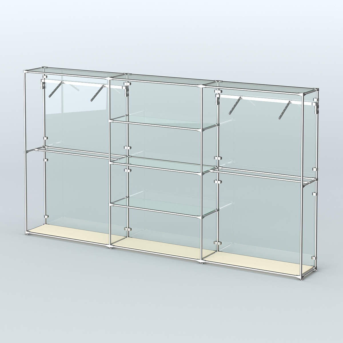 Торговая система ХРОМ (задняя стенка - стекло) 3600 мм с прозрачными полками и поручнями №10 Крем Вайс