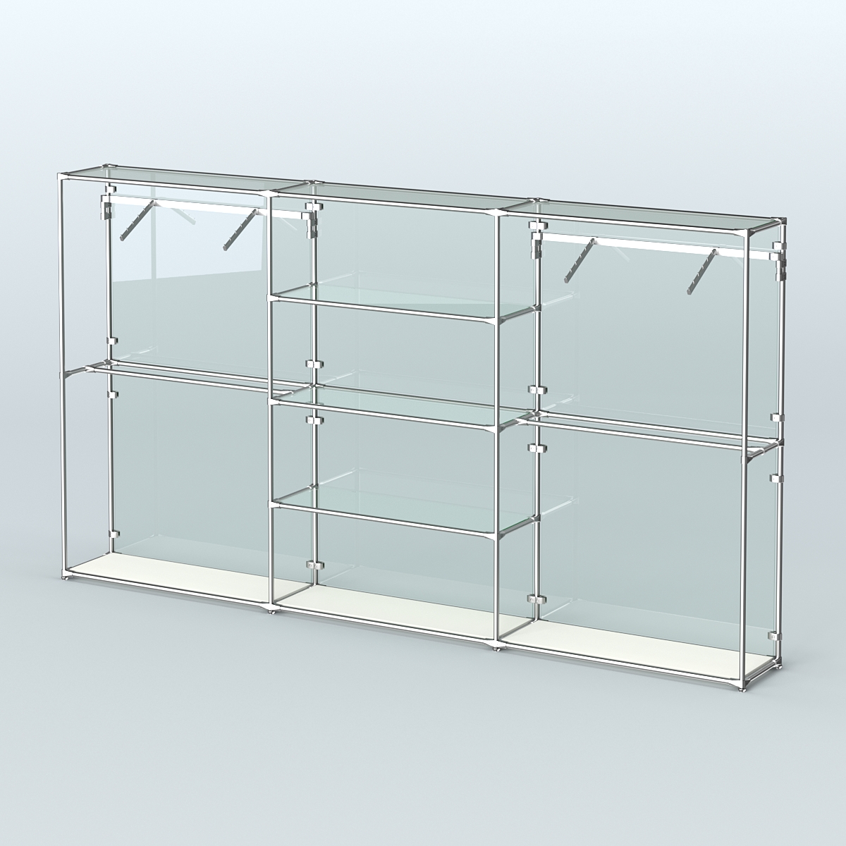 Торговая система ХРОМ (задняя стенка - стекло) 3600 мм с прозрачными полками и поручнями №10 Белый
