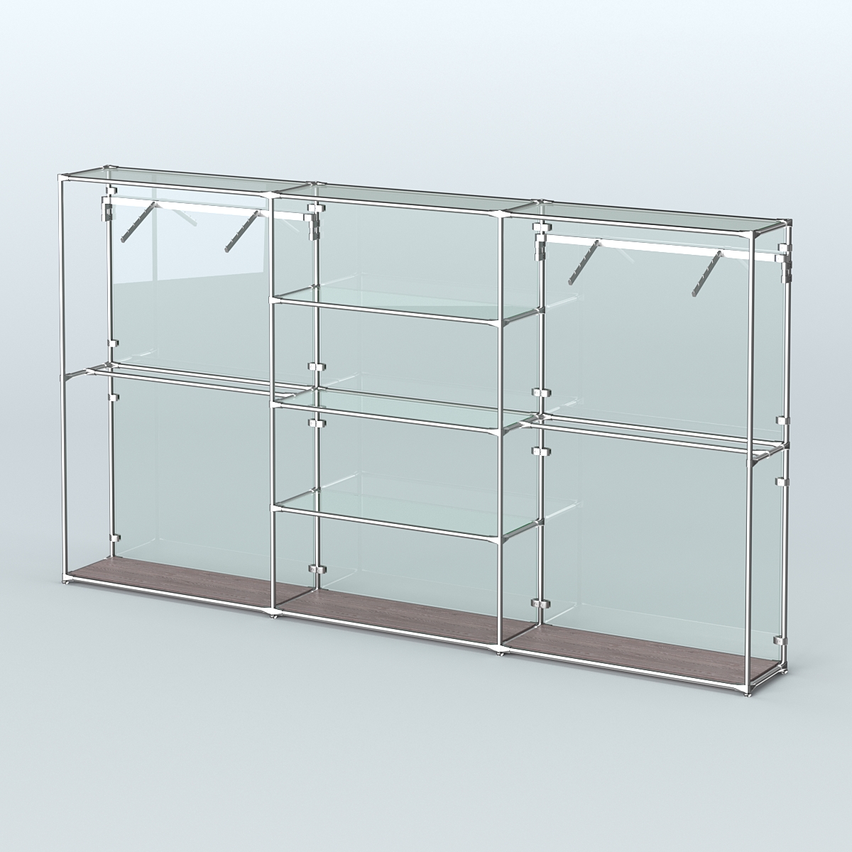 Торговая система ХРОМ (задняя стенка - стекло) 3600 мм с прозрачными полками и поручнями №10 Ясень Анкор темный