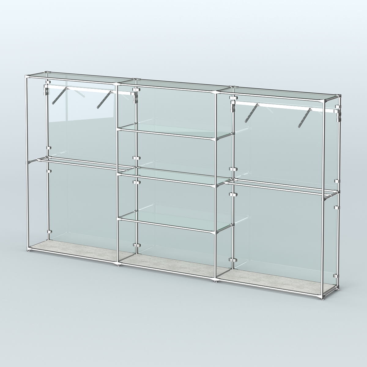 Торговая система ХРОМ (задняя стенка - стекло) 3600 мм с прозрачными полками и поручнями №10 Метрополитан Грей