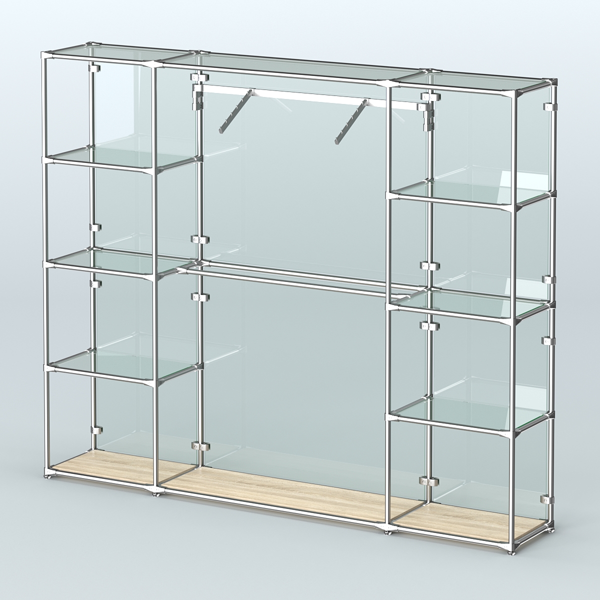 Торговая система ХРОМ (задняя стенка - стекло) 2430 мм с прозрачными полками и поручнями №11 Дуб Сонома