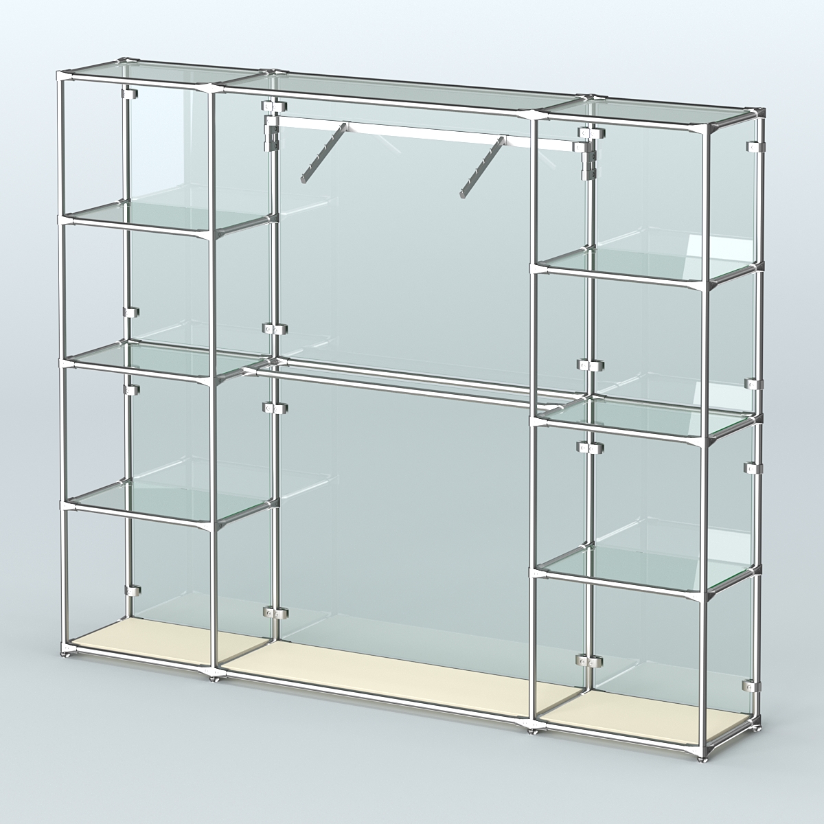 Торговая система ХРОМ (задняя стенка - стекло) 2430 мм с прозрачными полками и поручнями №11 Крем Вайс