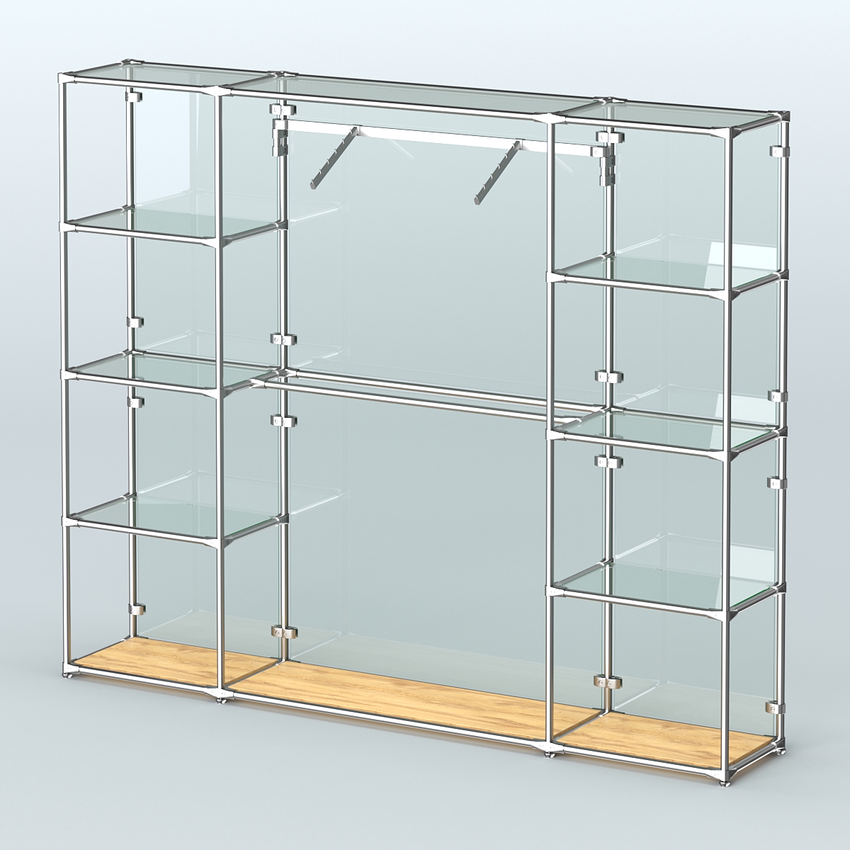 Торговая система ХРОМ (задняя стенка - стекло) 2430 мм с прозрачными полками и поручнями №11 Дуб Золотистый