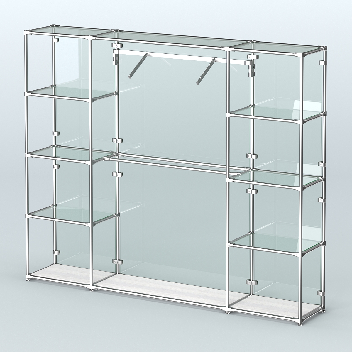 Торговая система ХРОМ (задняя стенка - стекло) 2430 мм с прозрачными полками и поручнями №11 Ясень Анкор светлый