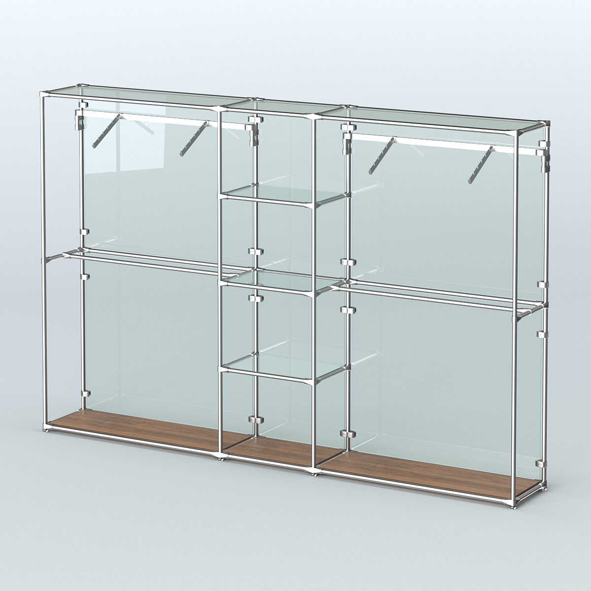 Торговая система ХРОМ (задняя стенка - стекло) 3030 мм с прозрачными полками и поручнями №12 Орех