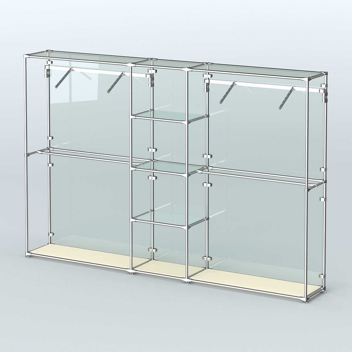 Торговая система ХРОМ (задняя стенка - стекло) 3030 мм с прозрачными полками и поручнями №12 Крем Вайс